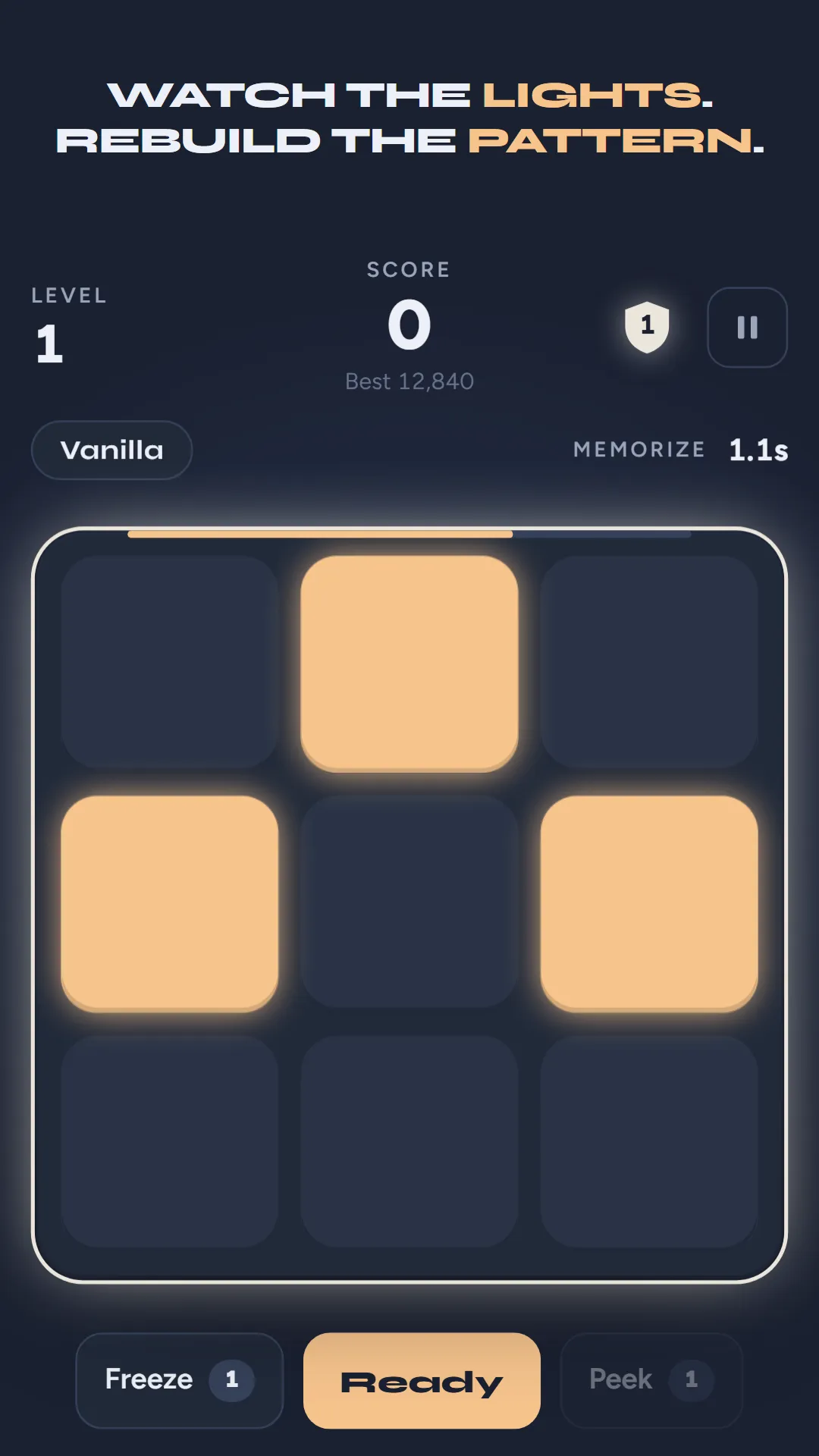 Mind the Grid screenshot: Watch. Remember. Rebuild.